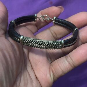 Black Leather and Silver Bracelet unisex